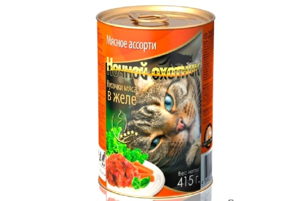 Влажный корм «Ночной охотник» для кошек мясные кусочки в желе/соус/ паштет в ассортименте ж/б  415 гр